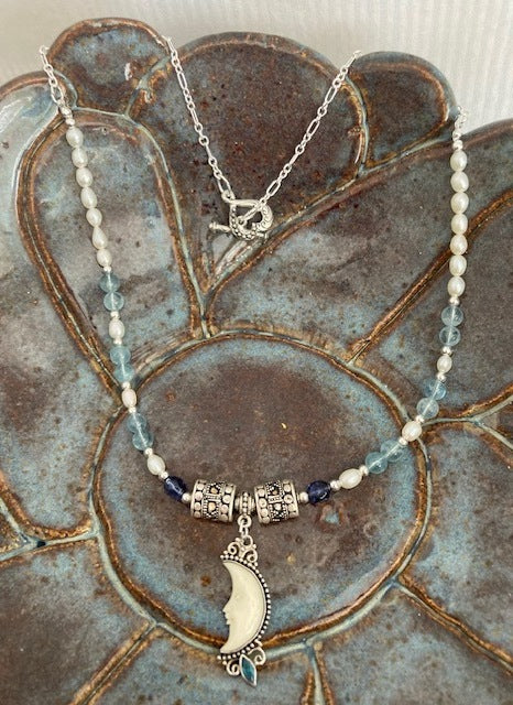 Aquamarine, pearls and repurposed bone crescent moon pendant. # 01-41-AQM ~~ SOLD